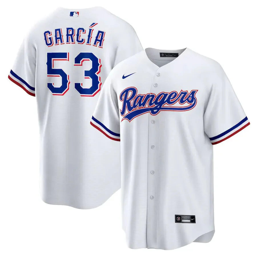 Jersey MLB Texas Rangers I Torcedor Masculina Branca Adolis Garcia 53