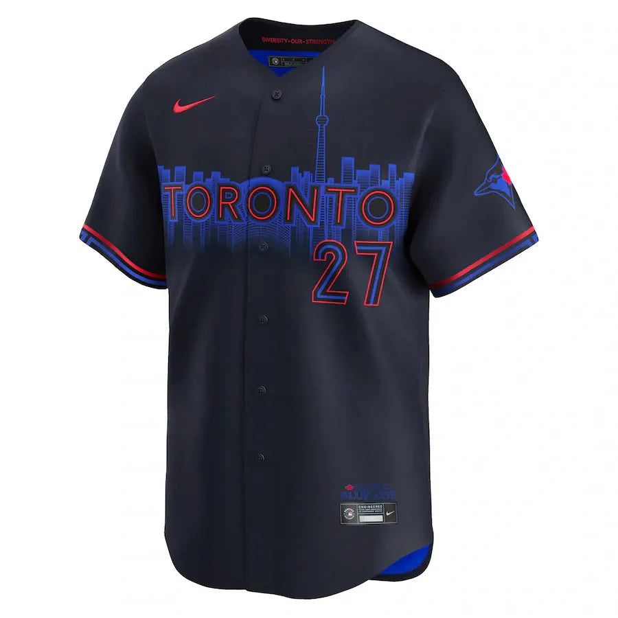 Jersey MLB Toronto Blue Jays City Connect Torcedor Masculina Azul Marinho Vladimir Guerrero Jr. 27